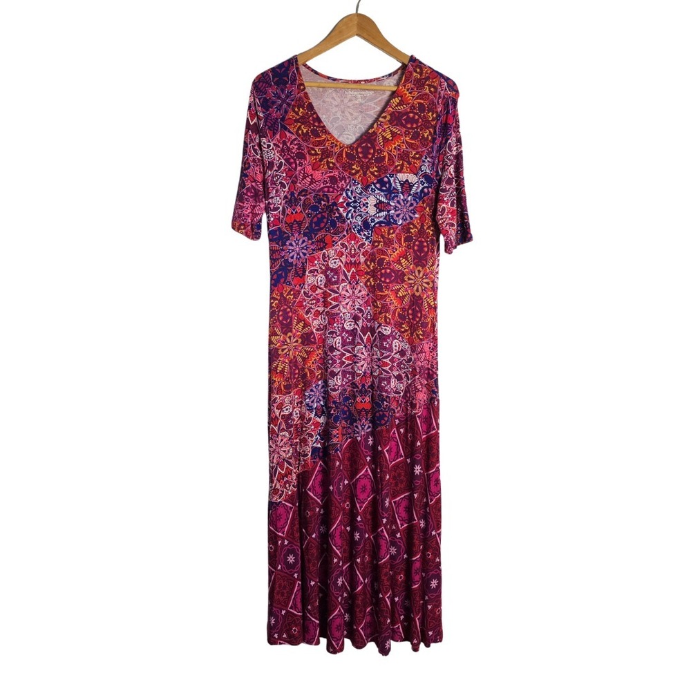 Soft Surroundings Womens M Boho Patchwork Knit Maxi Dress Mandala Floral V Neck